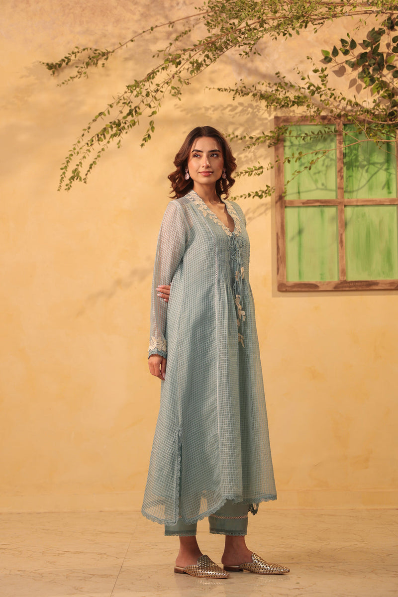 Vaayu Light Blue Tie-up Kurta Set silk chanderi , silk tencel kurta/kurta set by Niti Bothra in light blue for women in Singapore