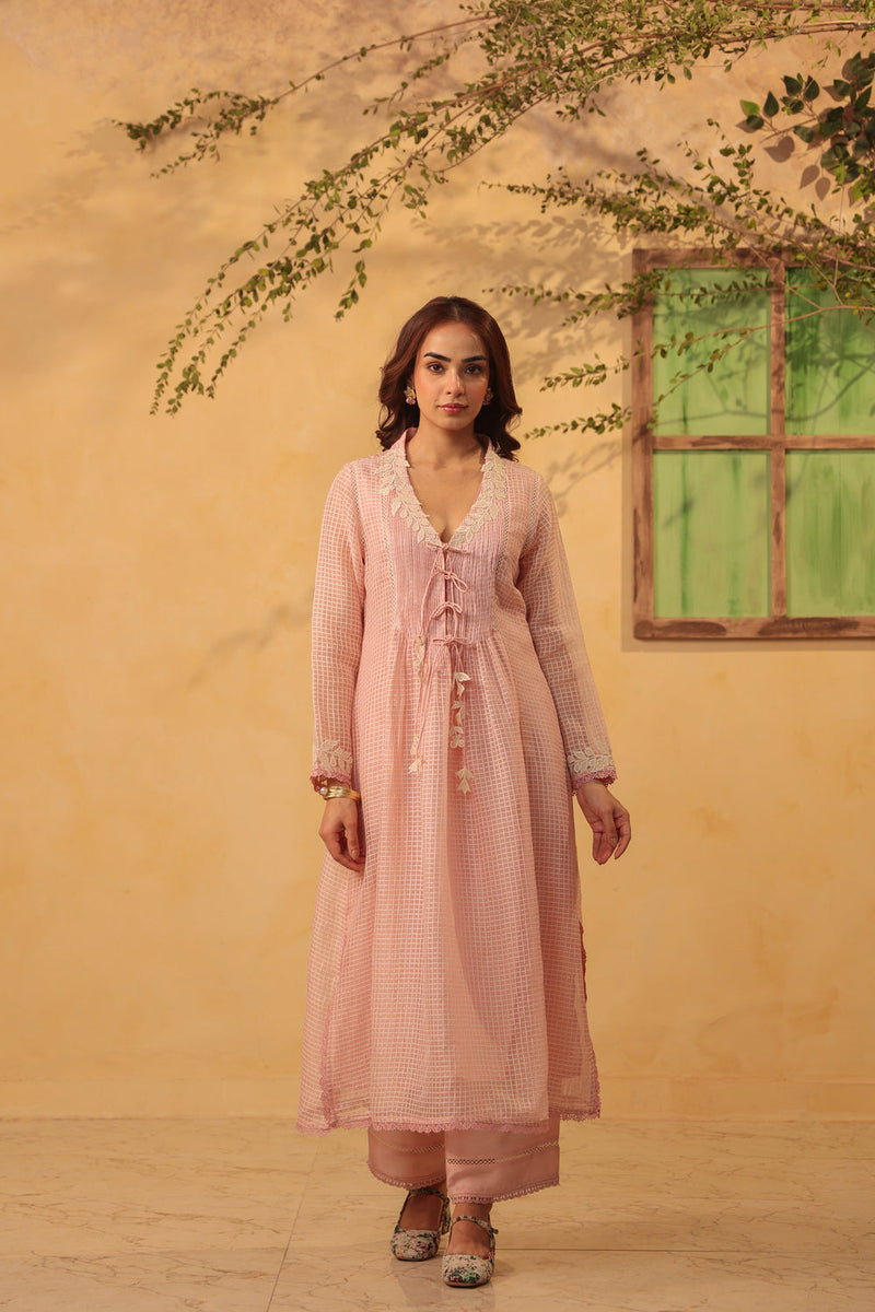 Vaayu Light Pink Tie-up Kurta Set silk chanderi , silk tencel kurta/kurta set by Niti Bothra in light pink for women in Singapore