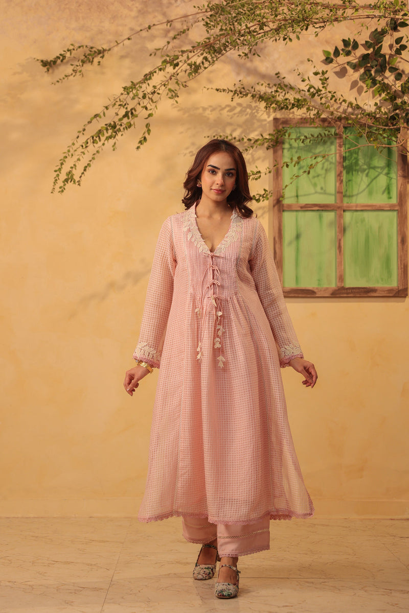 Vaayu Light Pink Tie-up Kurta Set silk chanderi , silk tencel kurta/kurta set by Niti Bothra in light pink for women in Singapore