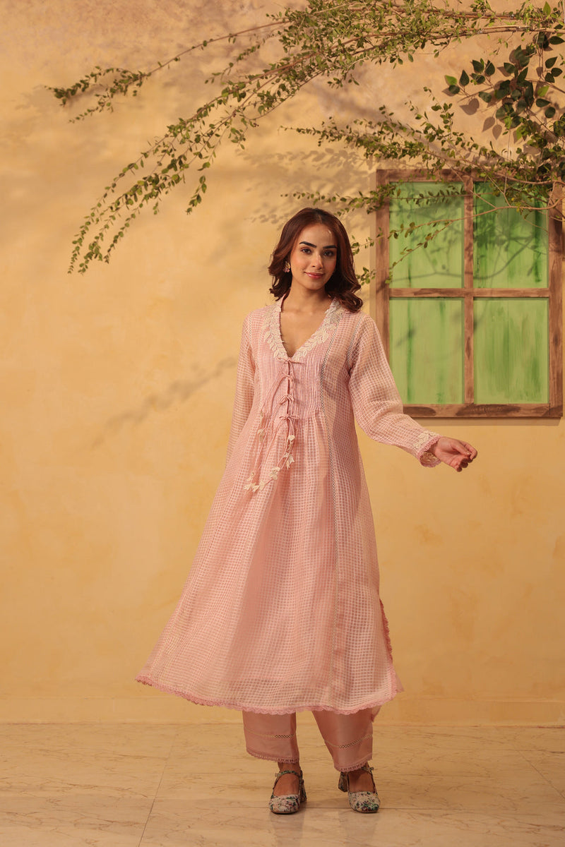 Vaayu Light Pink Tie-up Kurta Set silk chanderi , silk tencel kurta/kurta set by Niti Bothra in light pink for women in Singapore