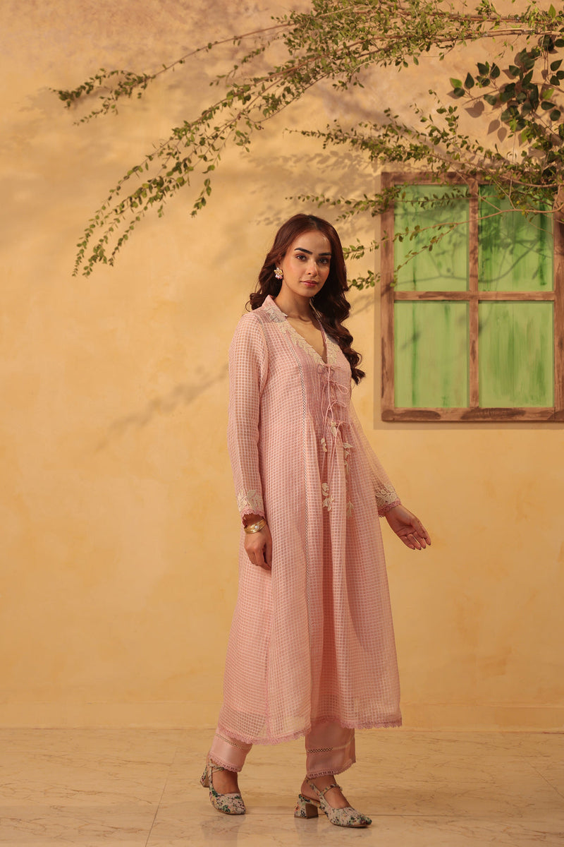 Vaayu Light Pink Tie-up Kurta Set silk chanderi , silk tencel kurta/kurta set by Niti Bothra in light pink for women in Singapore