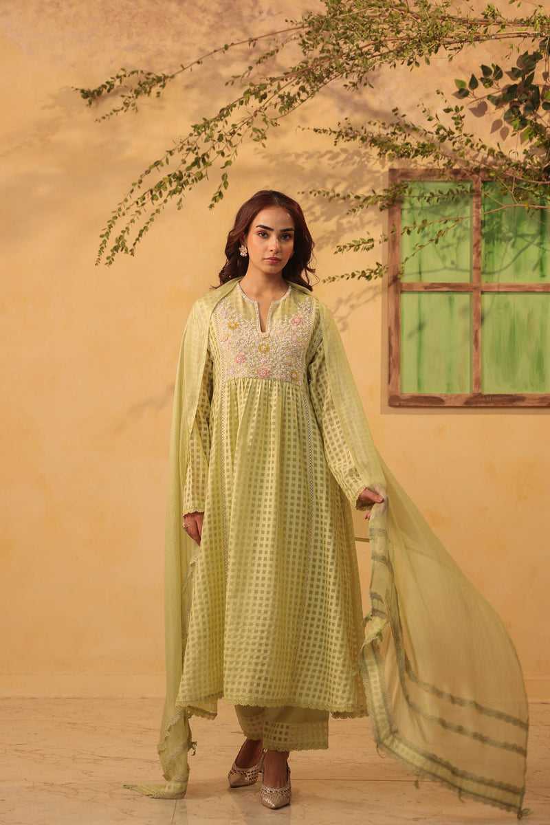 Vaayu Green Panelled Kalidar Set silk chanderi , silk tencel kurta/kurta set by Niti Bothra in green for women in Singapore