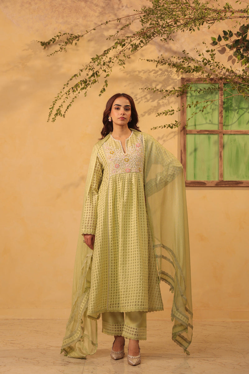 Vaayu Green Panelled Kalidar Set silk chanderi , silk tencel kurta/kurta set by Niti Bothra in green for women in Singapore