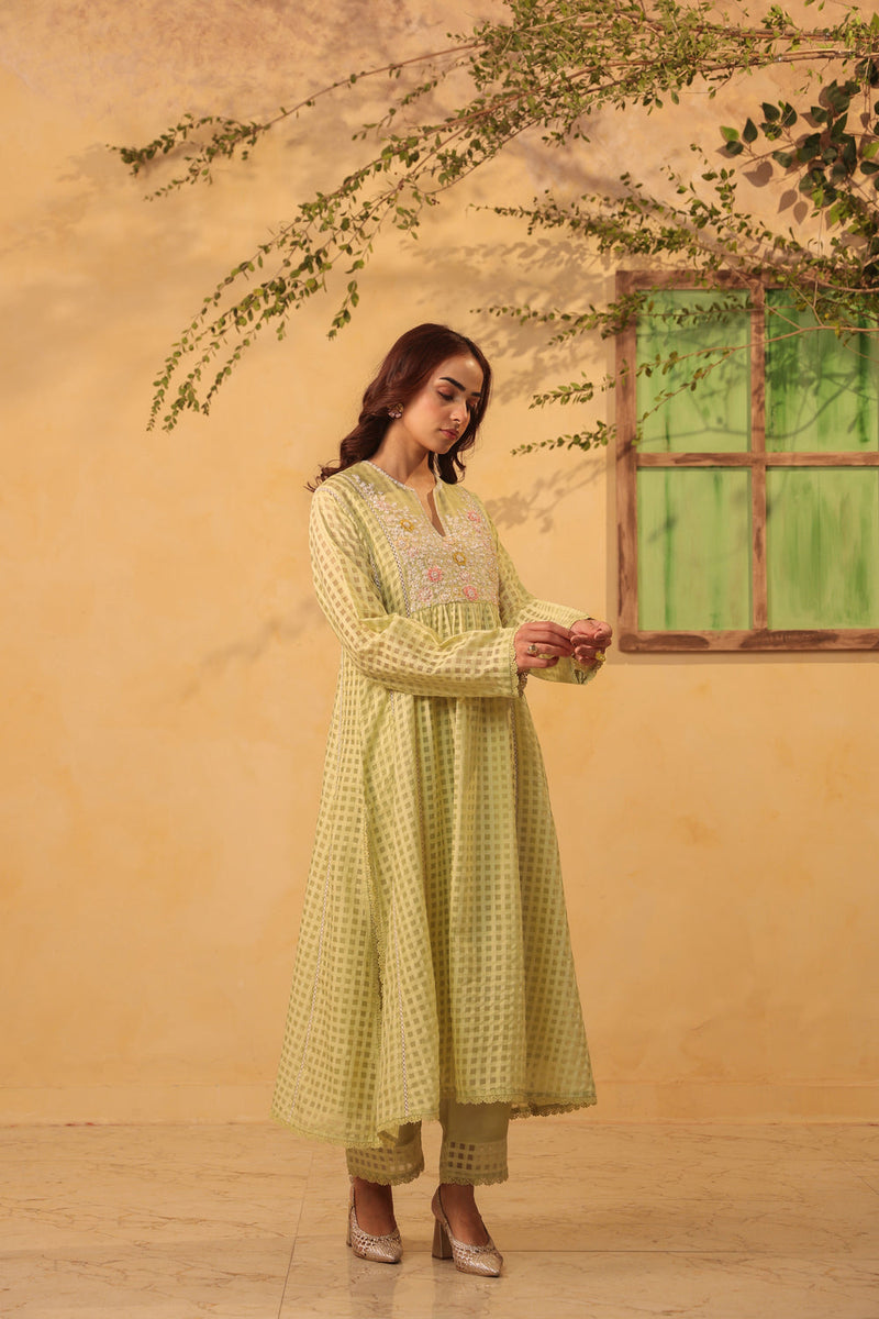 Vaayu Green Panelled Kalidar Set silk chanderi , silk tencel kurta/kurta set by Niti Bothra in green for women in Singapore