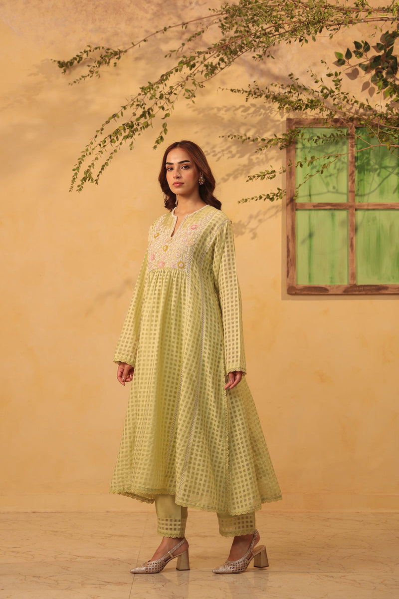 Vaayu Green Panelled Kalidar Set silk chanderi , silk tencel kurta/kurta set by Niti Bothra in green for women in Singapore