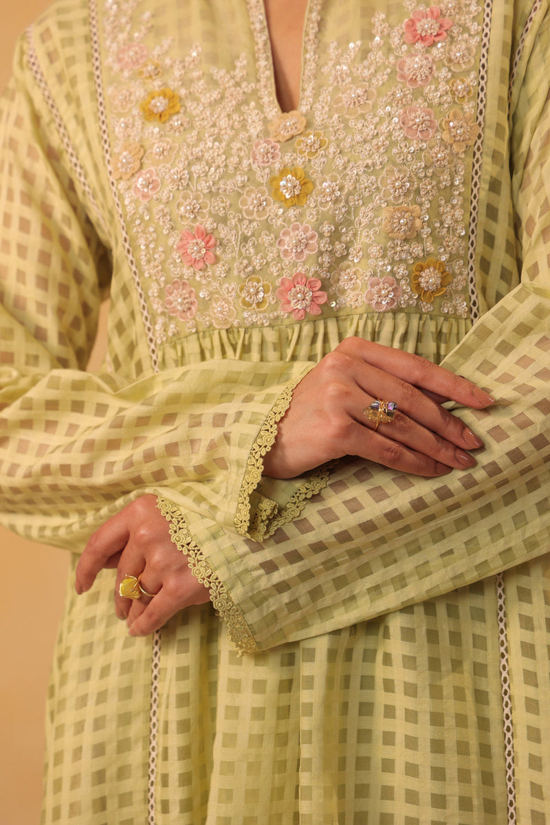 Vaayu Green Panelled Kalidar Set silk chanderi , silk tencel kurta/kurta set by Niti Bothra in green for women in Singapore