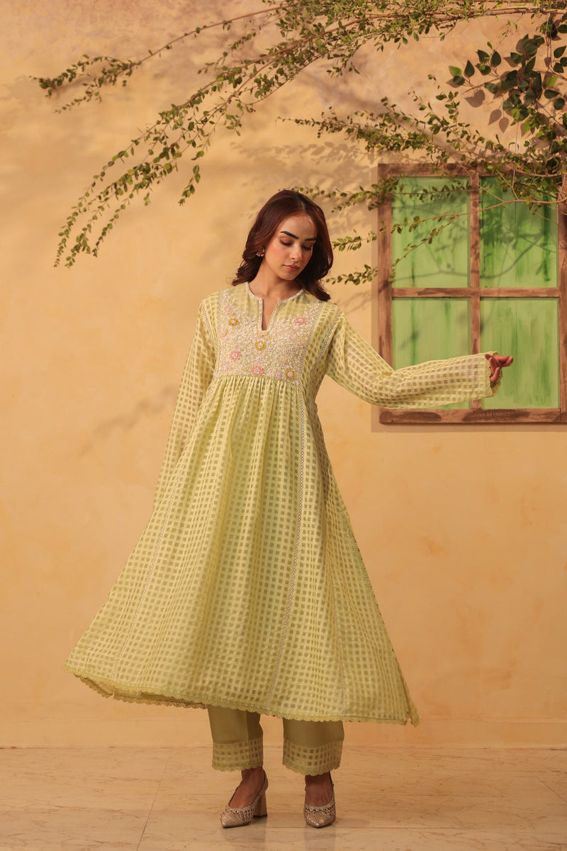 Vaayu Green Panelled Kalidar Set silk chanderi , silk tencel kurta/kurta set by Niti Bothra in green for women in Singapore