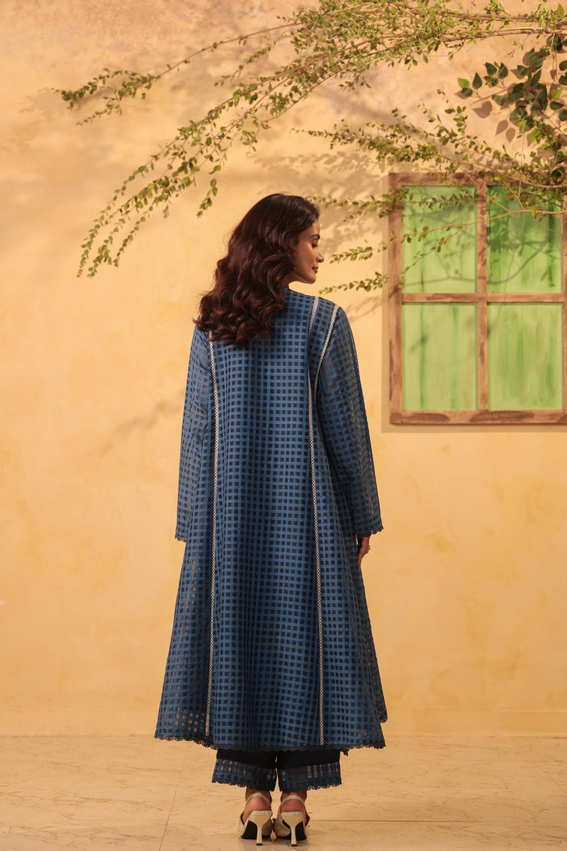 Vaayu Dark Blue Panelled Kalidar Set silk chanderi , silk tencel kurta/kurta set by Niti Bothra in dark blue for women in Singapore