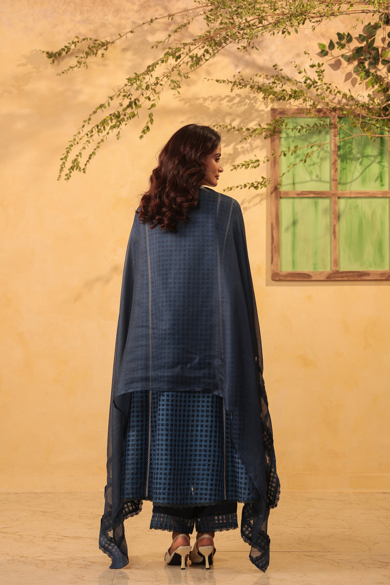 Vaayu Dark Blue Panelled Kalidar Set silk chanderi , silk tencel kurta/kurta set by Niti Bothra in dark blue for women in Singapore