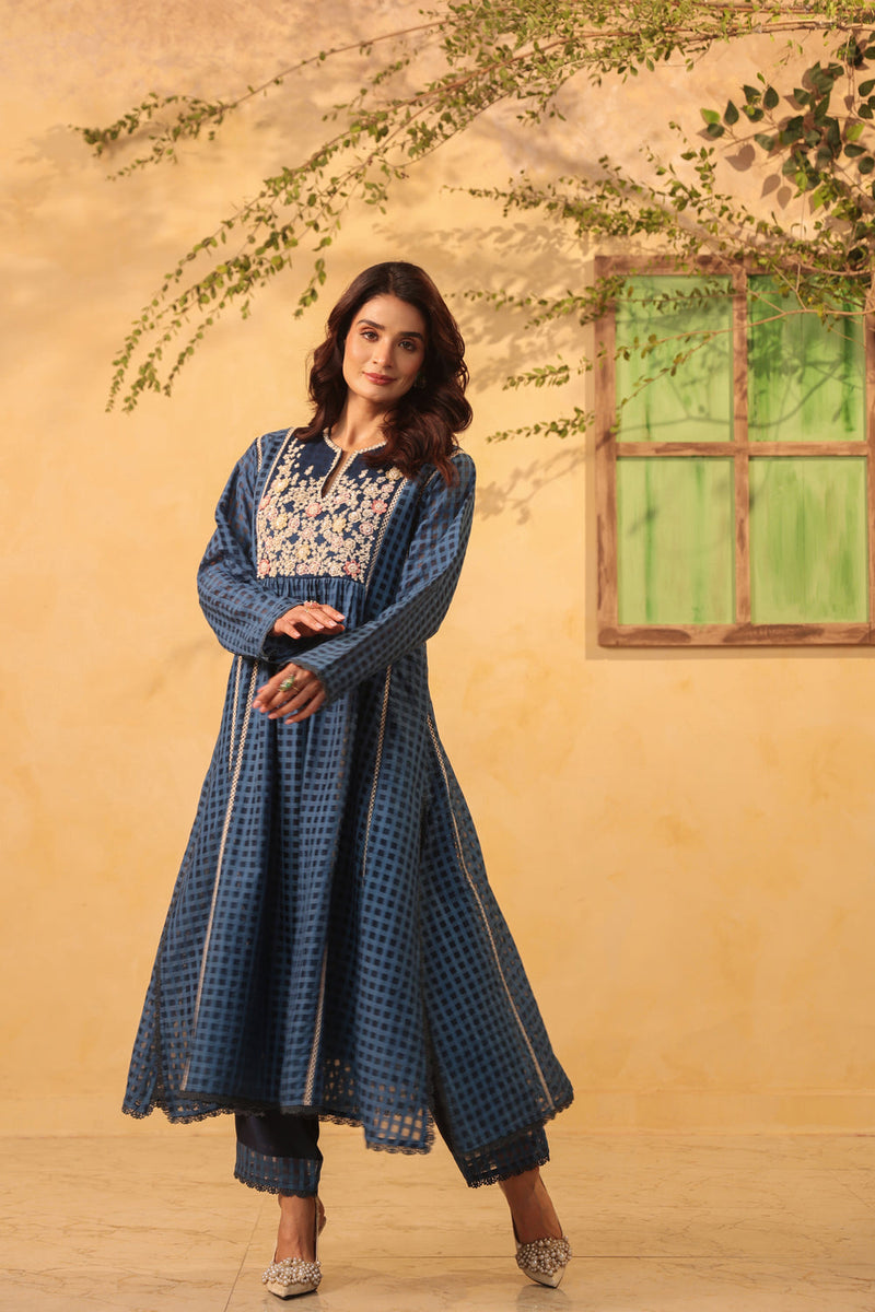 Vaayu Dark Blue Panelled Kalidar Set silk chanderi , silk tencel kurta/kurta set by Niti Bothra in dark blue for women in Singapore
