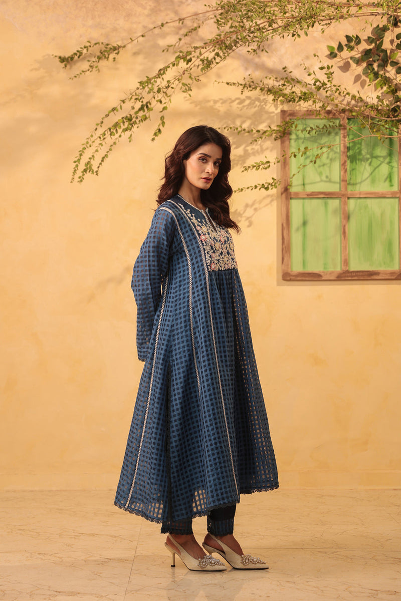 Vaayu Dark Blue Panelled Kalidar Set silk chanderi , silk tencel kurta/kurta set by Niti Bothra in dark blue for women in Singapore