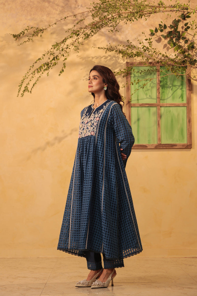 Vaayu Dark Blue Panelled Kalidar Set silk chanderi , silk tencel kurta/kurta set by Niti Bothra in dark blue for women in Singapore