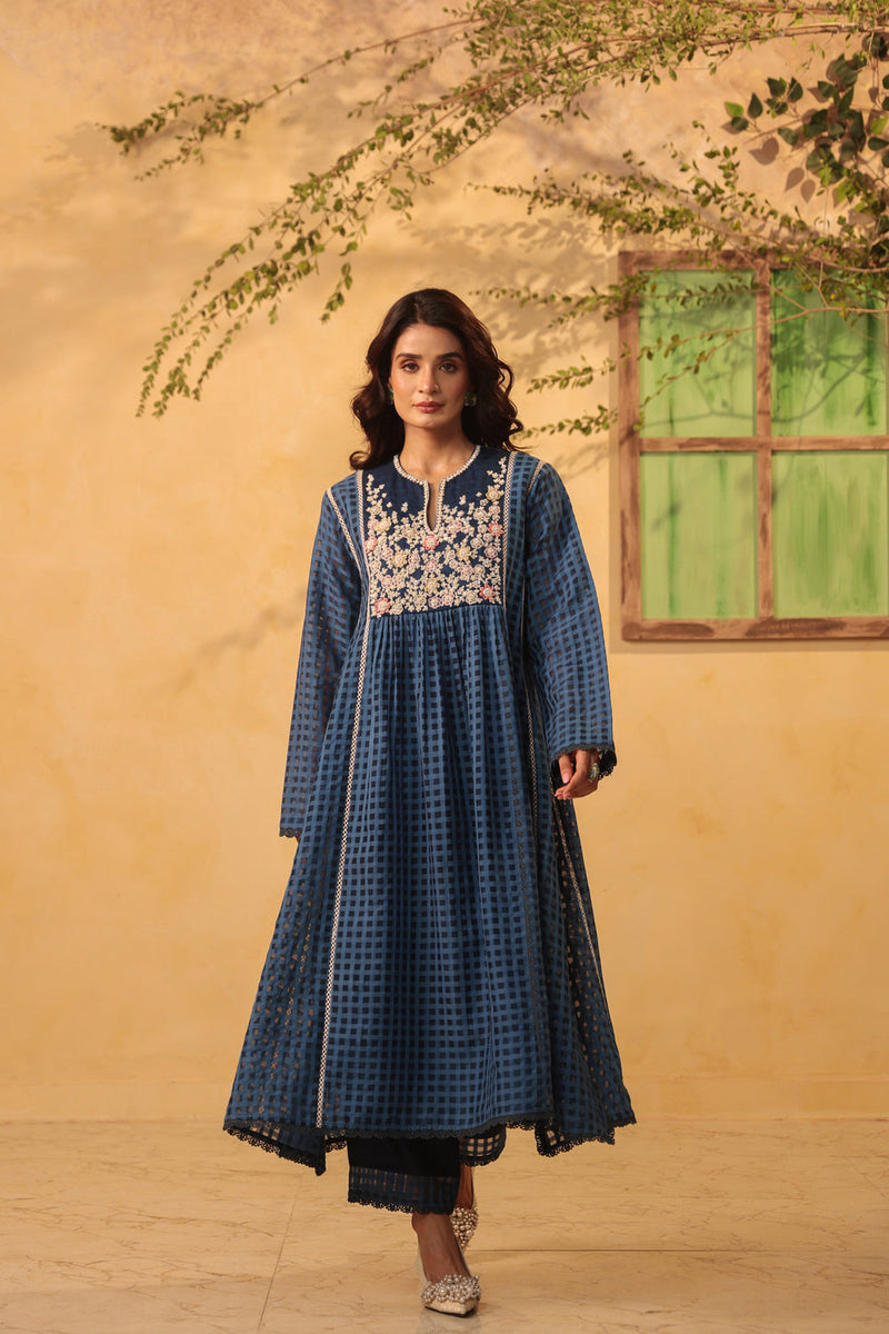 Vaayu Dark Blue Panelled Kalidar Set silk chanderi , silk tencel kurta/kurta set by Niti Bothra in dark blue for women in Singapore