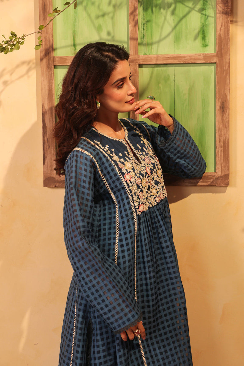 Vaayu Dark Blue Panelled Kalidar Set silk chanderi , silk tencel kurta/kurta set by Niti Bothra in dark blue for women in Singapore