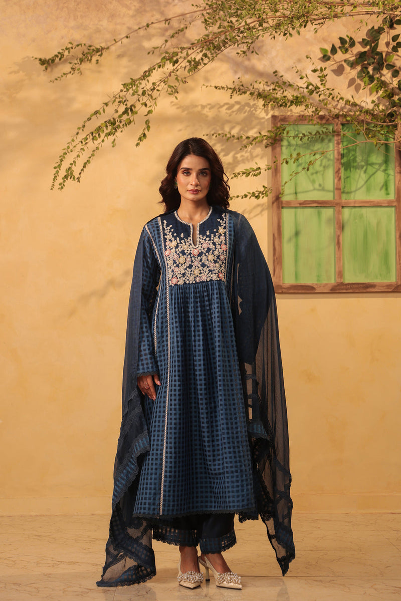 Vaayu Dark Blue Panelled Kalidar Set silk chanderi , silk tencel kurta/kurta set by Niti Bothra in dark blue for women in Singapore