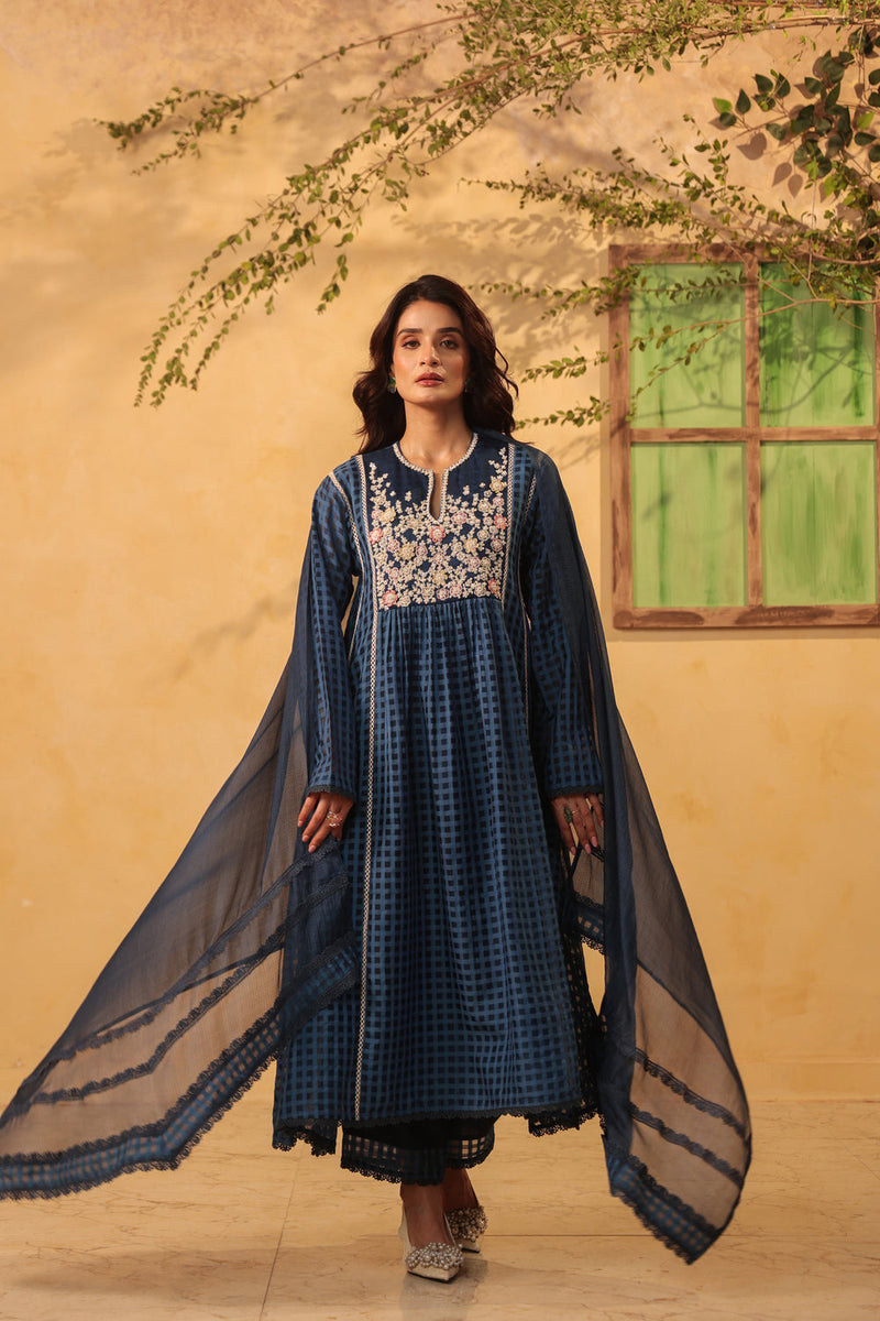 Vaayu Dark Blue Panelled Kalidar Set silk chanderi , silk tencel kurta/kurta set by Niti Bothra in dark blue for women in Singapore