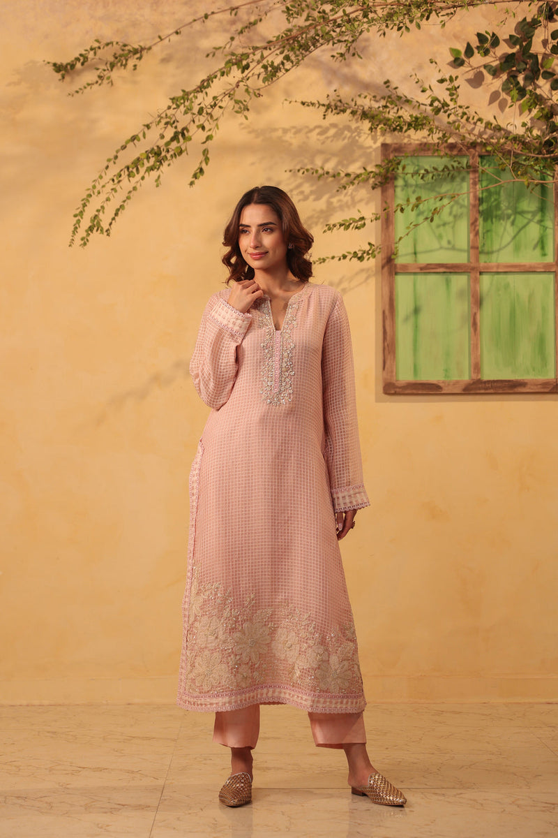 Vaayu Light Pink Straight Long Kurta Set silk chanderi , silk tencel kurta/kurta set by Niti Bothra in light pink for women in Singapore