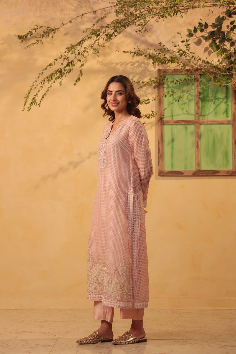 Vaayu Light Pink Straight Long Kurta Set silk chanderi , silk tencel kurta/kurta set by Niti Bothra in light pink for women in Singapore