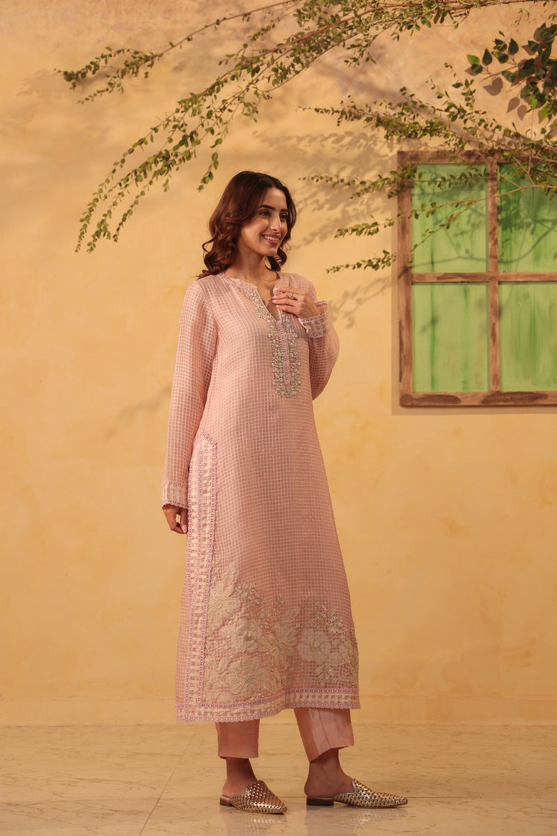 Vaayu Light Pink Straight Long Kurta Set silk chanderi , silk tencel kurta/kurta set by Niti Bothra in light pink for women in Singapore