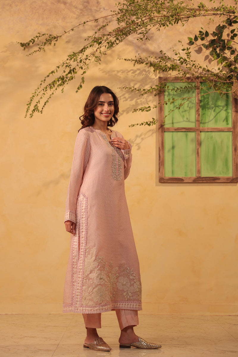 Vaayu Light Pink Straight Long Kurta Set silk chanderi , silk tencel kurta/kurta set by Niti Bothra in light pink for women in Singapore
