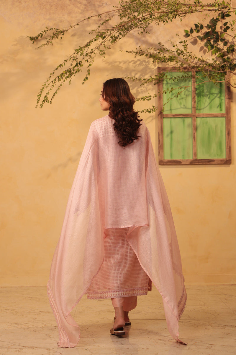 Vaayu Light Pink Straight Long Kurta Set silk chanderi , silk tencel kurta/kurta set by Niti Bothra in light pink for women in Singapore