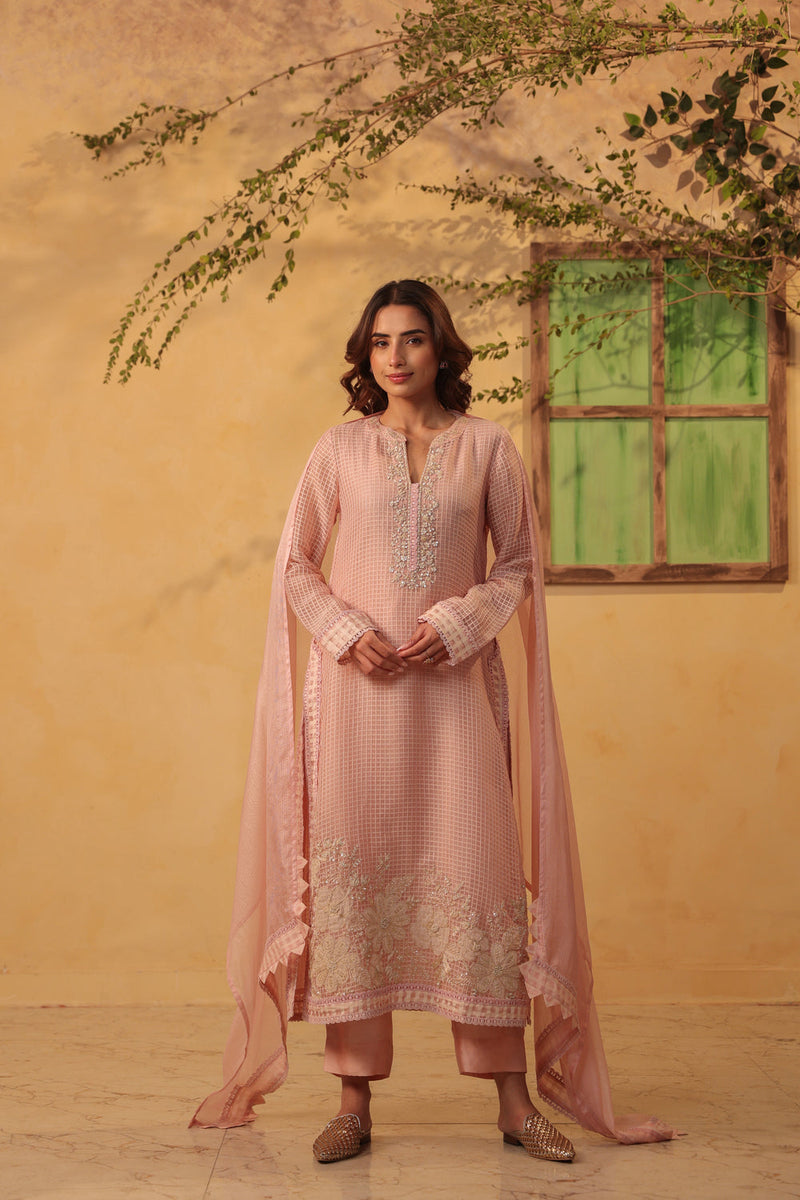 Vaayu Light Pink Straight Long Kurta Set silk chanderi , silk tencel kurta/kurta set by Niti Bothra in light pink for women in Singapore