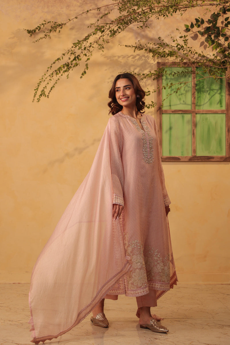 Vaayu Light Pink Straight Long Kurta Set silk chanderi , silk tencel kurta/kurta set by Niti Bothra in light pink for women in Singapore