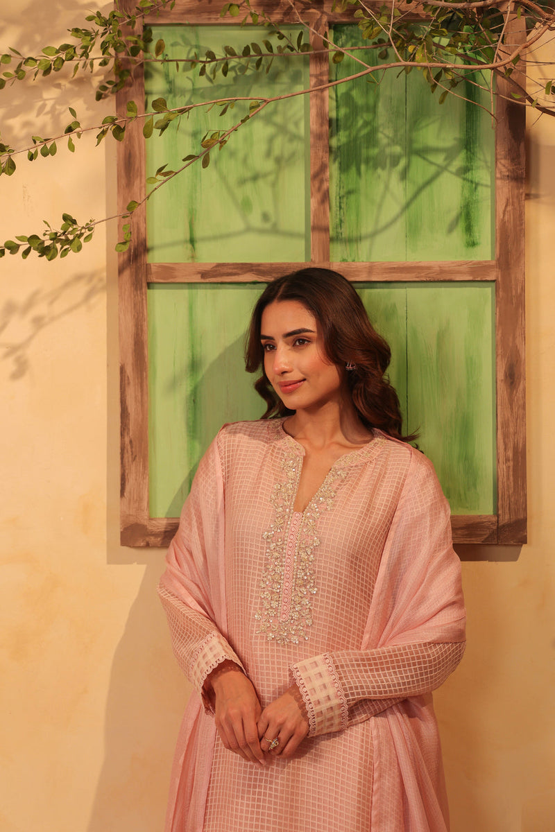 Vaayu Light Pink Straight Long Kurta Set silk chanderi , silk tencel kurta/kurta set by Niti Bothra in light pink for women in Singapore