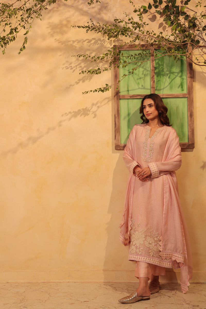 Vaayu Light Pink Straight Long Kurta Set silk chanderi , silk tencel kurta/kurta set by Niti Bothra in light pink for women in Singapore