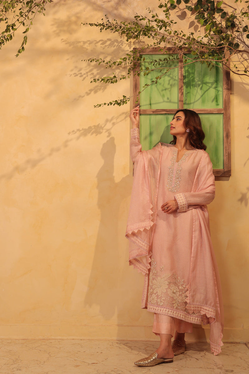 Vaayu Light Pink Straight Long Kurta Set silk chanderi , silk tencel kurta/kurta set by Niti Bothra in light pink for women in Singapore