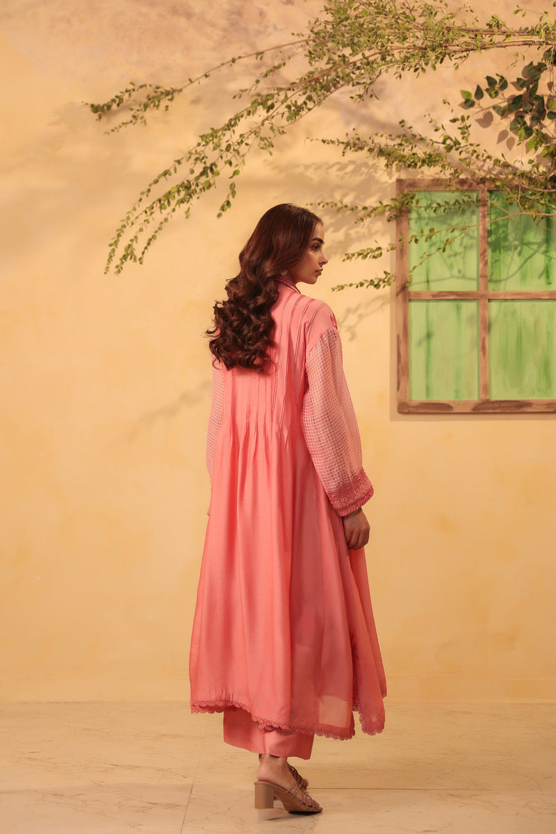 Vaayu Pink Pintuck Collar Kurta Set silk chanderi , silk tencel kurta/kurta set by Niti Bothra in pink for women in Singapore