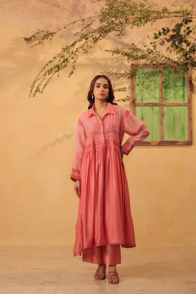 Vaayu Pink Pintuck Collar Kurta Set silk chanderi , silk tencel kurta/kurta set by Niti Bothra in pink for women in Singapore