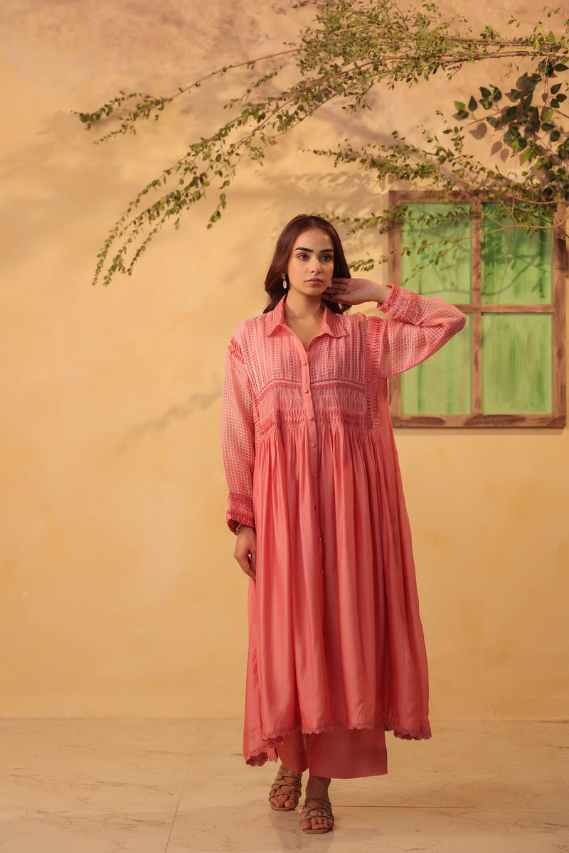 Vaayu Pink Pintuck Collar Kurta Set silk chanderi , silk tencel kurta/kurta set by Niti Bothra in pink for women in Singapore