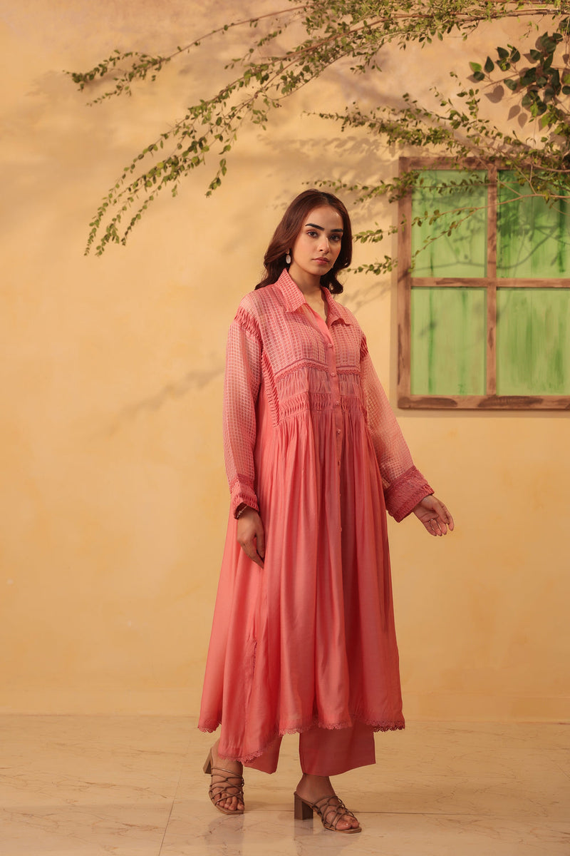 Vaayu Pink Pintuck Collar Kurta Set silk chanderi , silk tencel kurta/kurta set by Niti Bothra in pink for women in Singapore