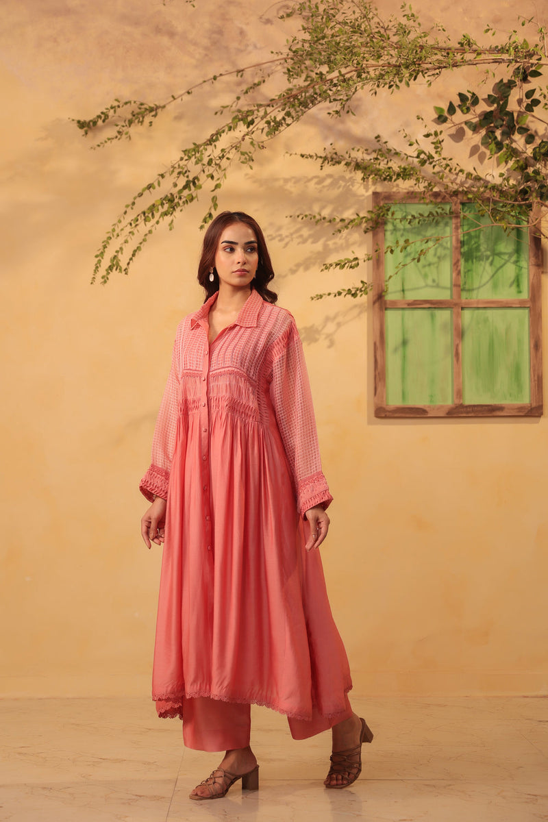 Vaayu Pink Pintuck Collar Kurta Set silk chanderi , silk tencel kurta/kurta set by Niti Bothra in pink for women in Singapore