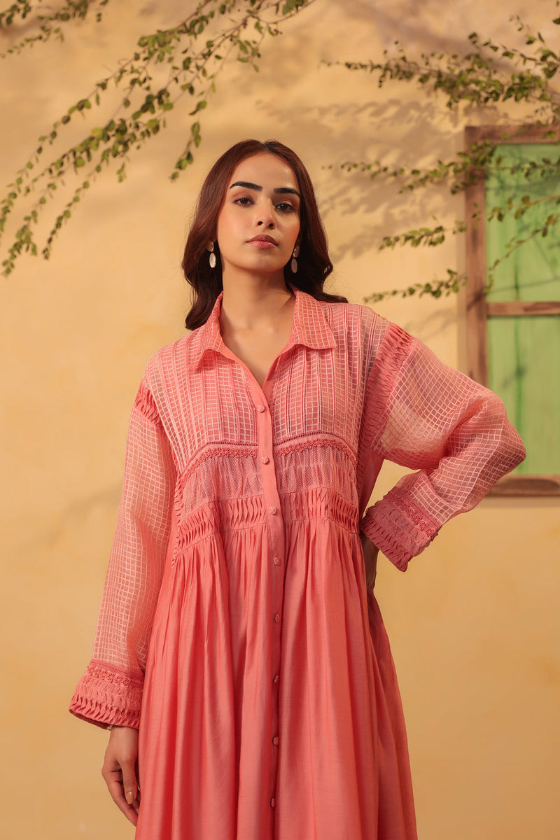 Vaayu Pink Pintuck Collar Kurta Set silk chanderi , silk tencel kurta/kurta set by Niti Bothra in pink for women in Singapore