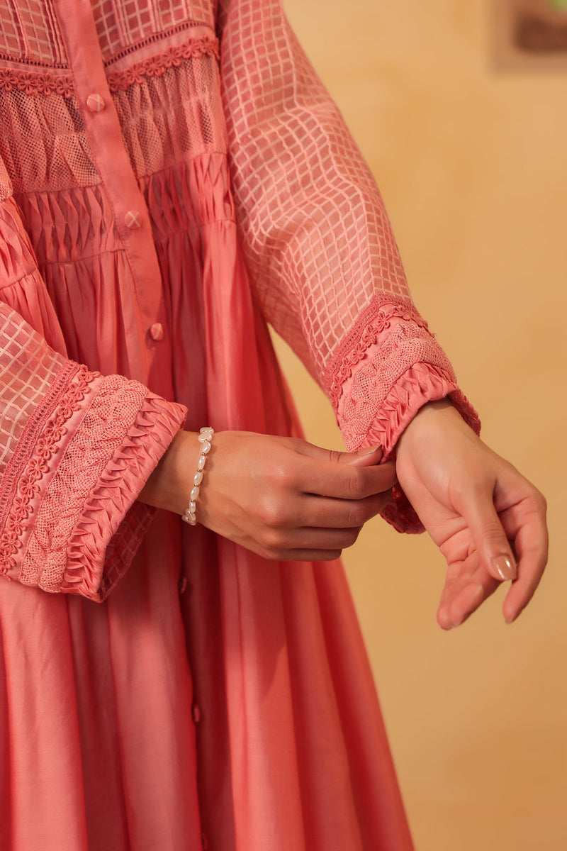 Vaayu Pink Pintuck Collar Kurta Set silk chanderi , silk tencel kurta/kurta set by Niti Bothra in pink for women in Singapore