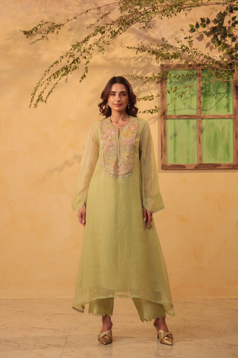 Vaayu Green Applique Yoke Kurta Set silk chanderi , silk tencel kurta/kurta set by Niti Bothra in green for women in Singapore