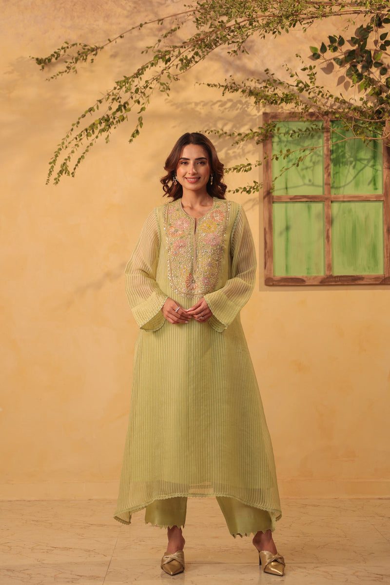 Vaayu Green Applique Yoke Kurta Set silk chanderi , silk tencel kurta/kurta set by Niti Bothra in green for women in Singapore