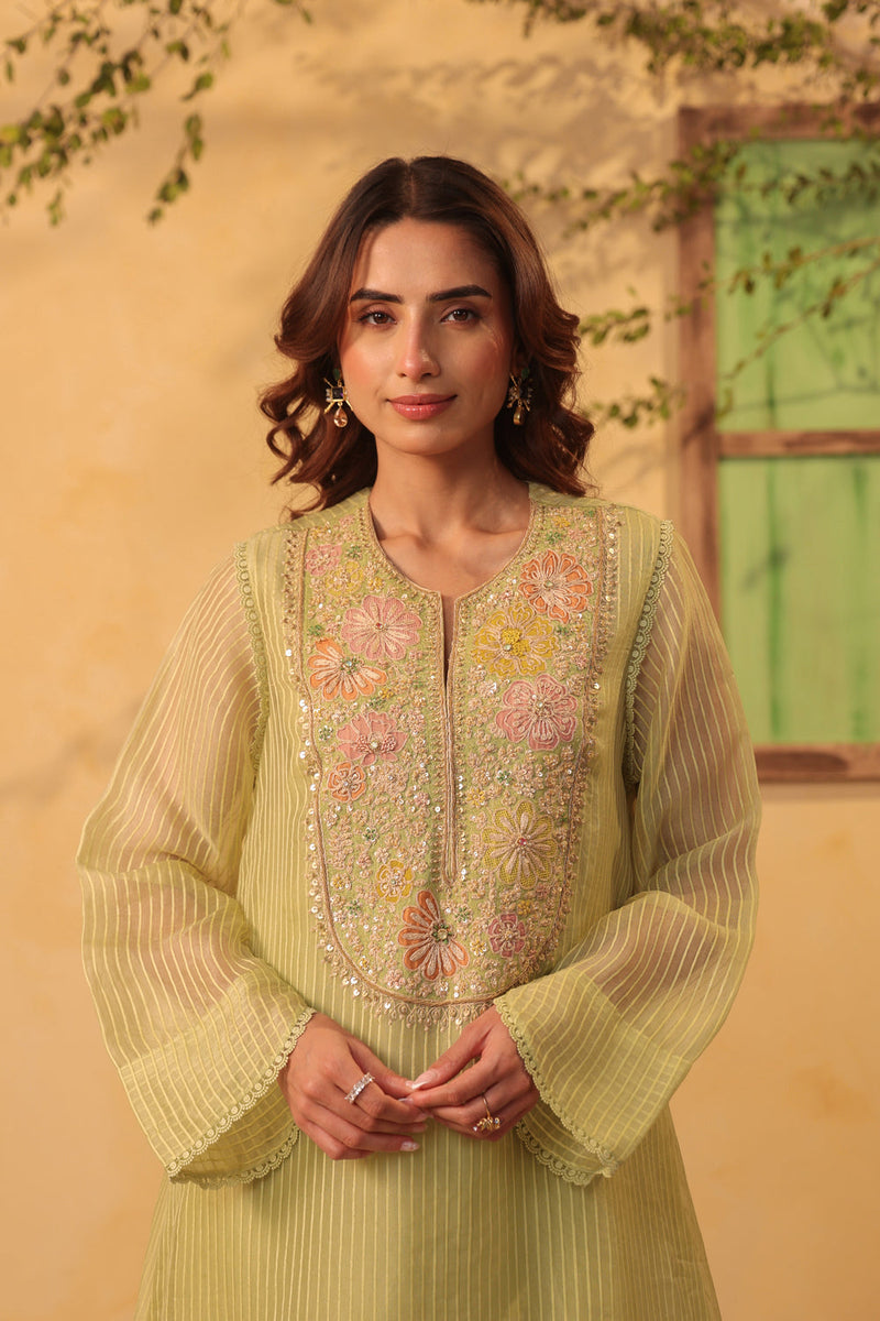Vaayu Green Applique Yoke Kurta Set silk chanderi , silk tencel kurta/kurta set by Niti Bothra in green for women in Singapore