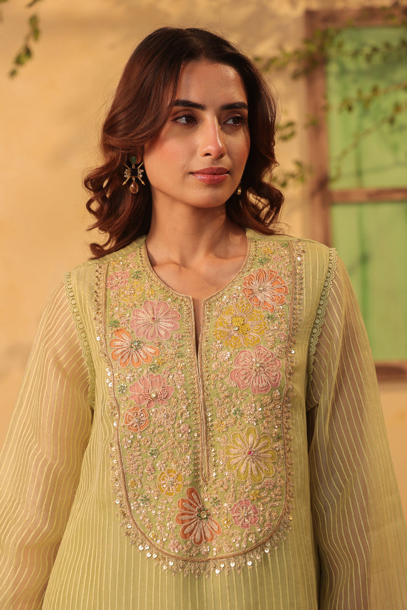 Vaayu Green Applique Yoke Kurta Set silk chanderi , silk tencel kurta/kurta set by Niti Bothra in green for women in Singapore