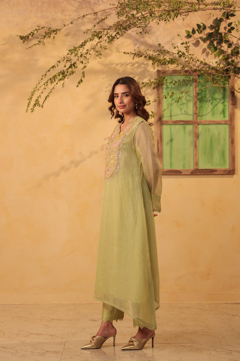 Vaayu Green Applique Yoke Kurta Set silk chanderi , silk tencel kurta/kurta set by Niti Bothra in green for women in Singapore