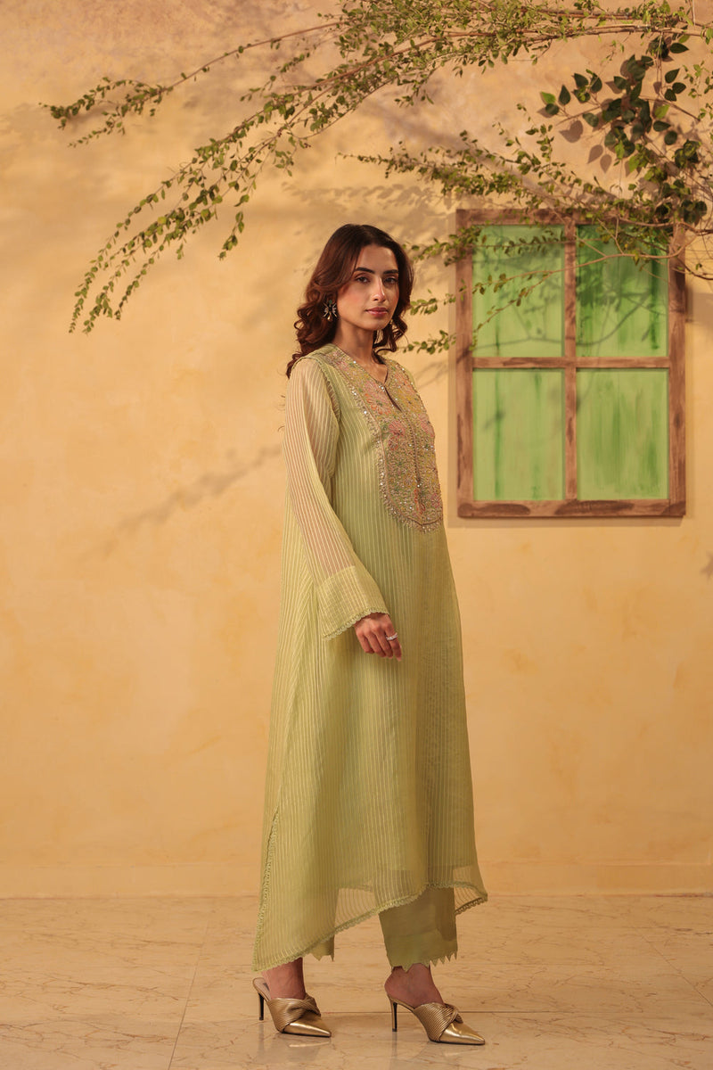 Vaayu Green Applique Yoke Kurta Set silk chanderi , silk tencel kurta/kurta set by Niti Bothra in green for women in Singapore