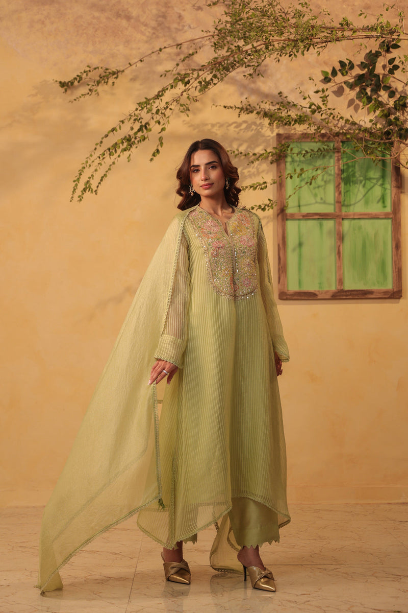 Vaayu Green Applique Yoke Kurta Set silk chanderi , silk tencel kurta/kurta set by Niti Bothra in green for women in Singapore