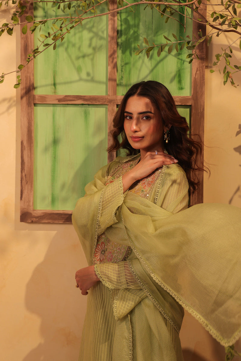 Vaayu Green Applique Yoke Kurta Set silk chanderi , silk tencel kurta/kurta set by Niti Bothra in green for women in Singapore