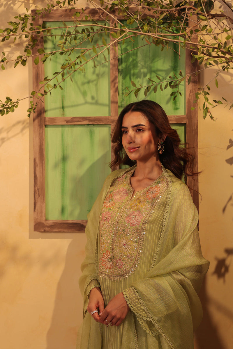 Vaayu Green Applique Yoke Kurta Set silk chanderi , silk tencel kurta/kurta set by Niti Bothra in green for women in Singapore