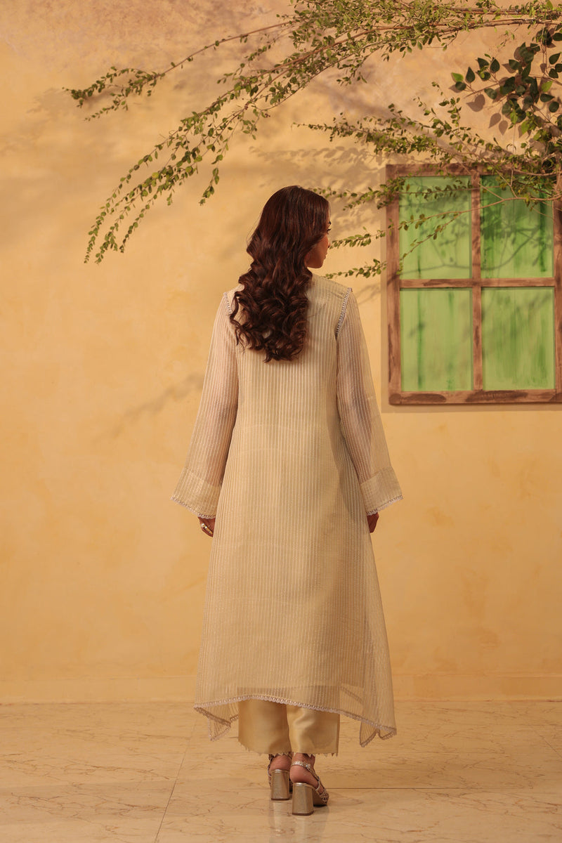 Vaayu Beige Applique Yoke Kurta Set silk chanderi , silk tencel kurta/kurta set by Niti Bothra in beige for women in Singapore