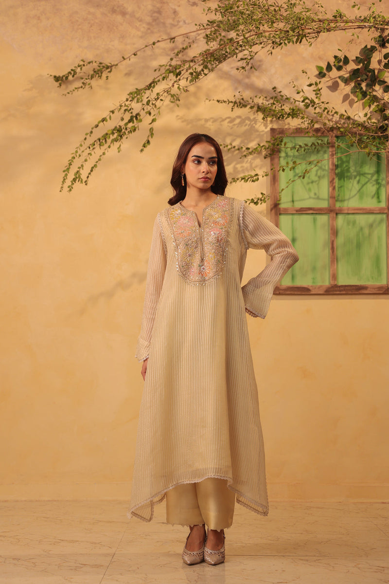 Vaayu Beige Applique Yoke Kurta Set silk chanderi , silk tencel kurta/kurta set by Niti Bothra in beige for women in Singapore
