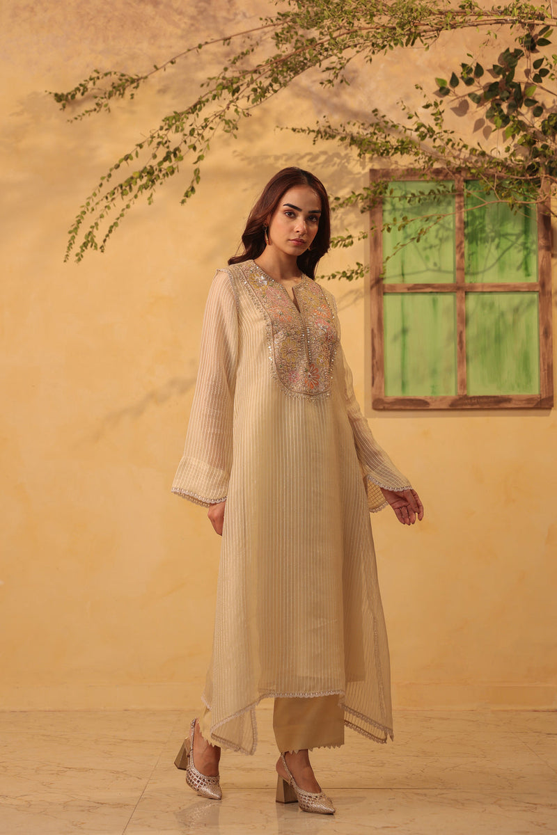 Vaayu Beige Applique Yoke Kurta Set silk chanderi , silk tencel kurta/kurta set by Niti Bothra in beige for women in Singapore
