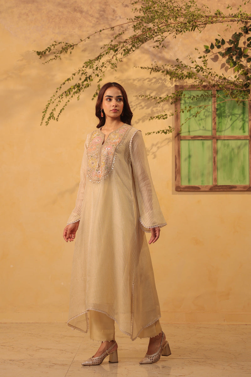 Vaayu Beige Applique Yoke Kurta Set silk chanderi , silk tencel kurta/kurta set by Niti Bothra in beige for women in Singapore